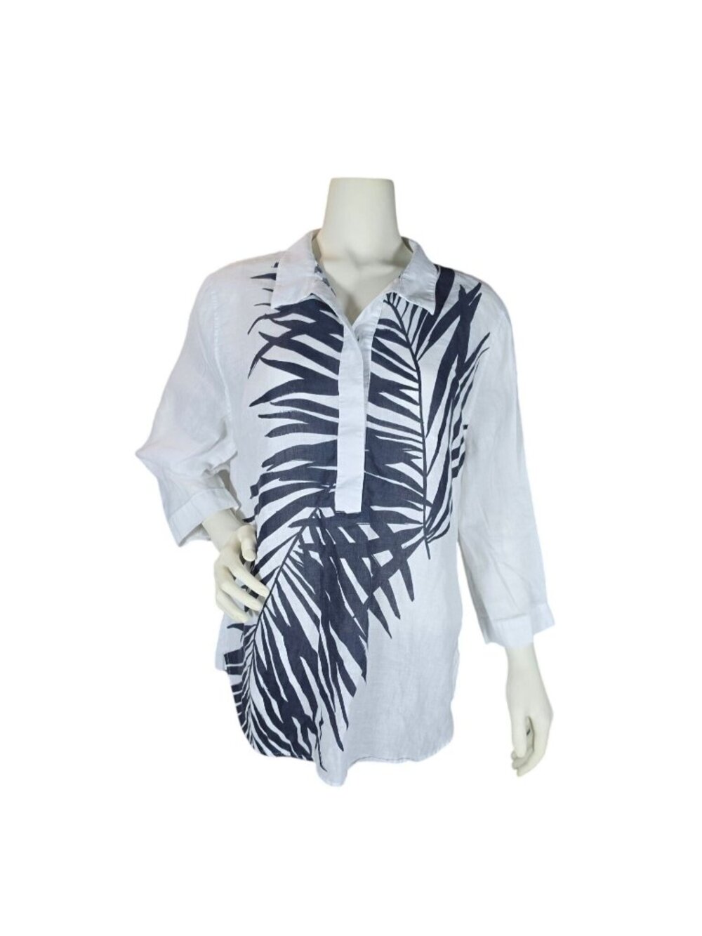 Chicos 100% Linen Palm Leaf Popover Blouse Button Back Tunic Size 2 US 14 EUC